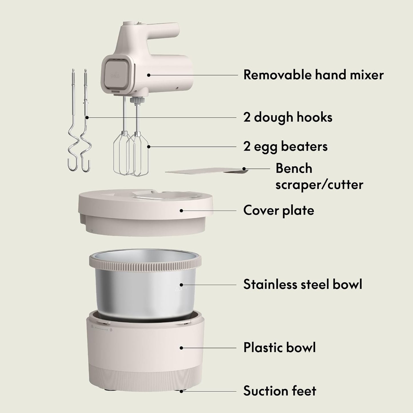 Bella 3.5 Qt Hand & Stand Mixer, 2-in-1 Electric Mixer with Bowl, Dough Hook, Whisk & Egg Beaters, 200-Watt Multifunctional Baking Mixer, Oatmilk
