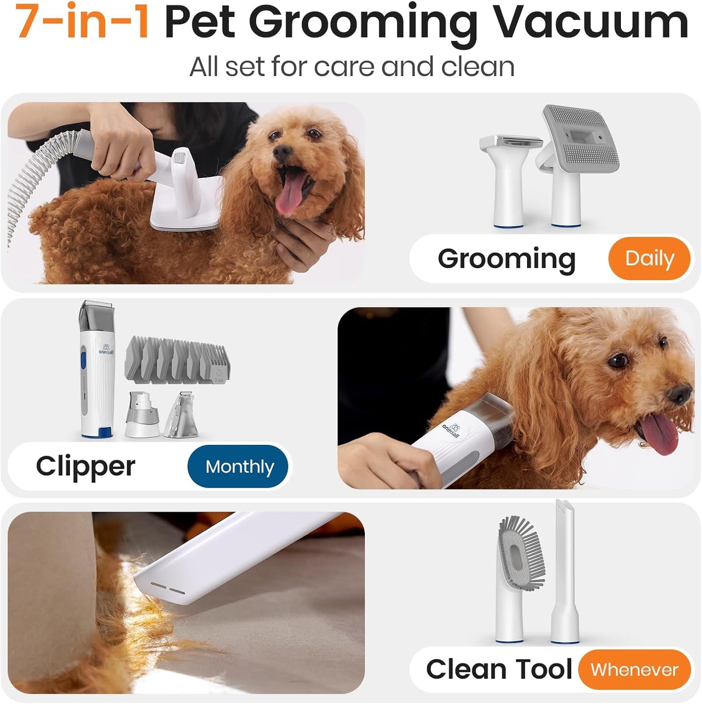 oneisall Dog Grooming Vacuum Kit – Pet Grooming Vacuum with Clipper & Nail Grinder, 1.5L Dust Cup, Deshedding Brush, 7-in-1 Shedding & Home Cleaning Tools (Blue)