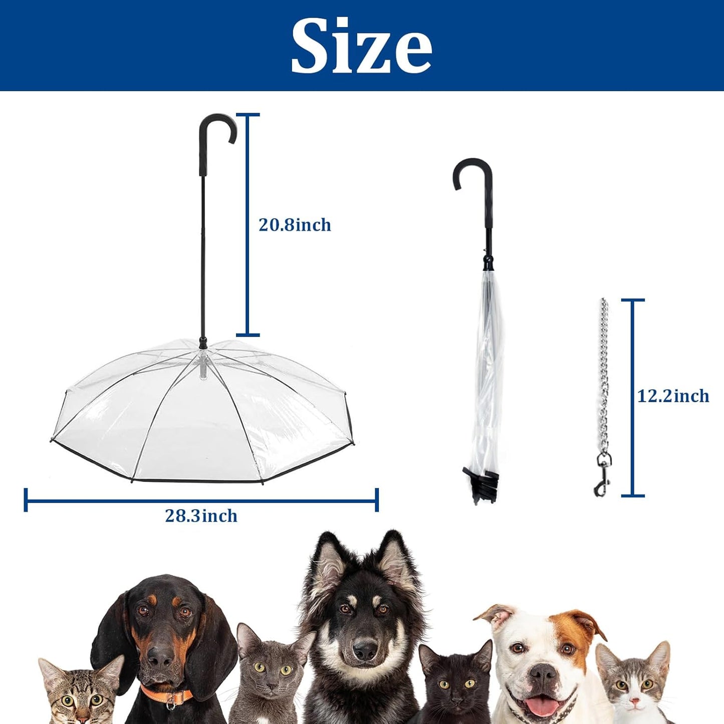 Pet Dog Transparent Umbrella, Clear Folding Adjustable Leash, Keeps Pet Dry in Rain (Bending Hook)