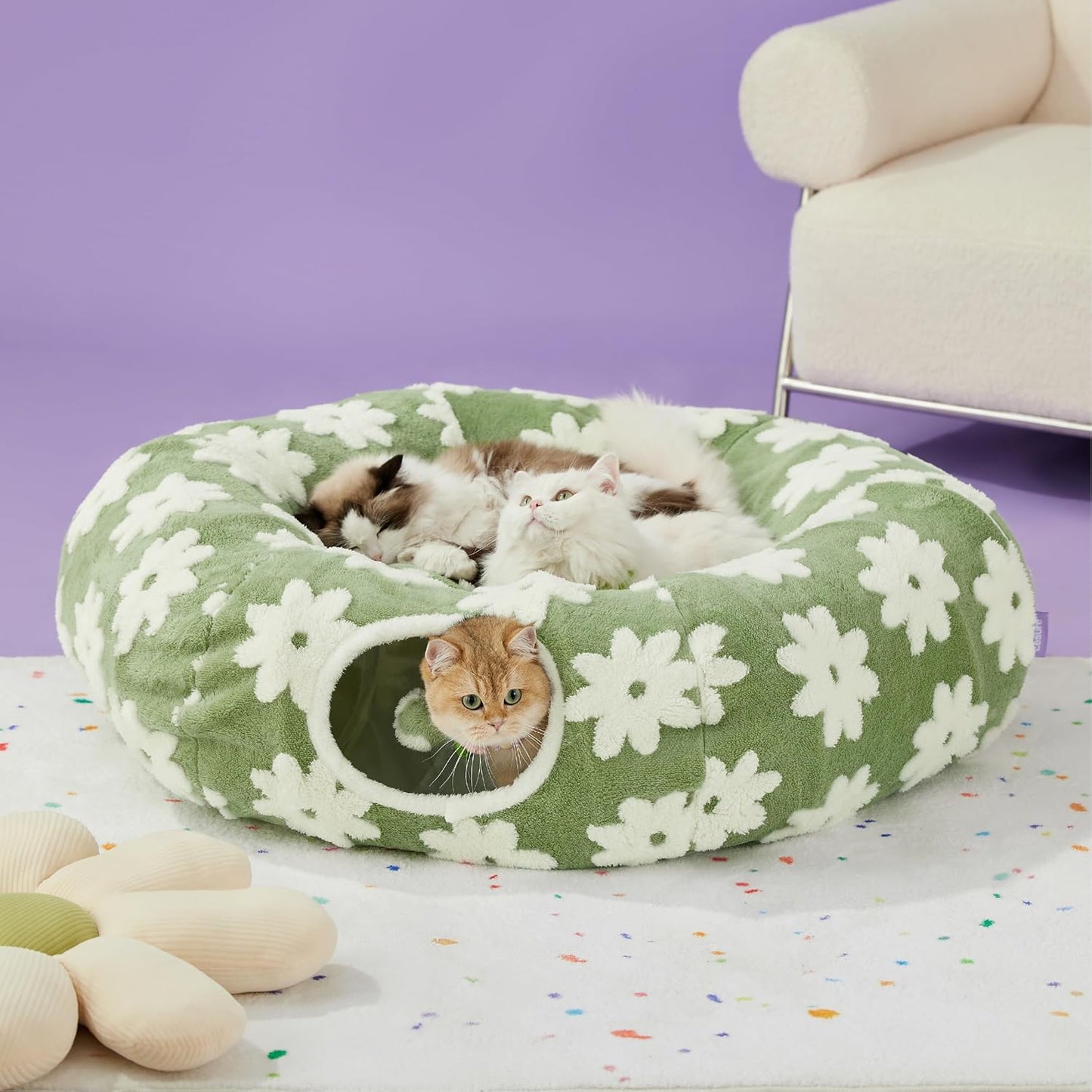 Lesure Large Cat Tunnel Bed – Donut Shaped Peekaboo Cave with Washable Cushion, Indoor Cat Tunnel Toy for Multiple Kittens, Small Dogs & Rabbits, Flower Garden Green