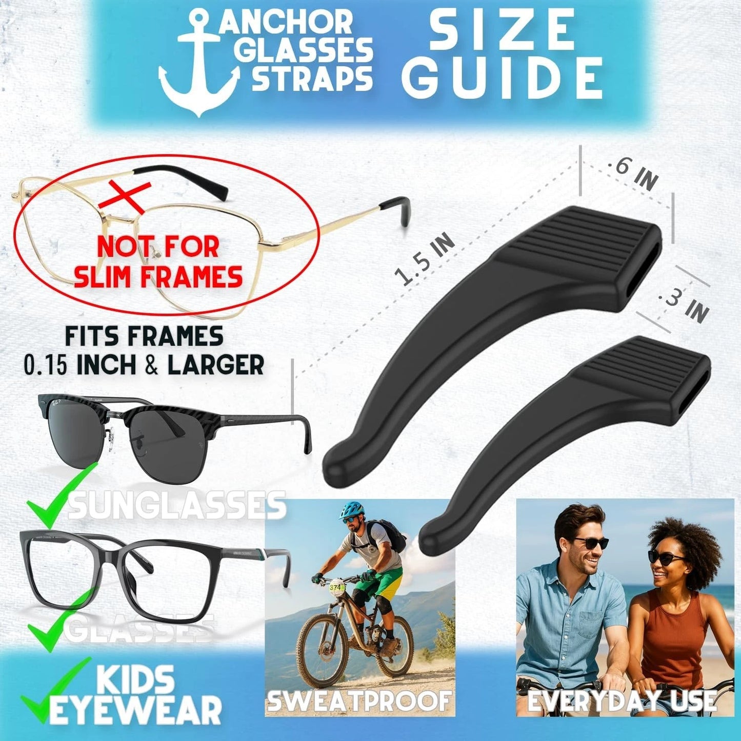 3-Pack Sunglasses Retainer Anti-Slip Glasses Grip Ear Hook Temple Tip Black