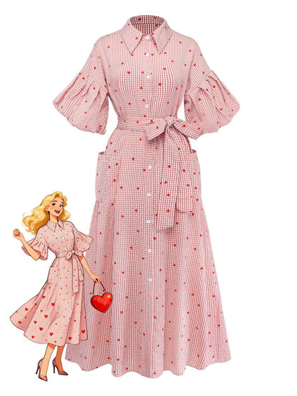 Women’s Pink Plaid Maxi Shirt Dress with Belt & Pocket | Valentine’s Day