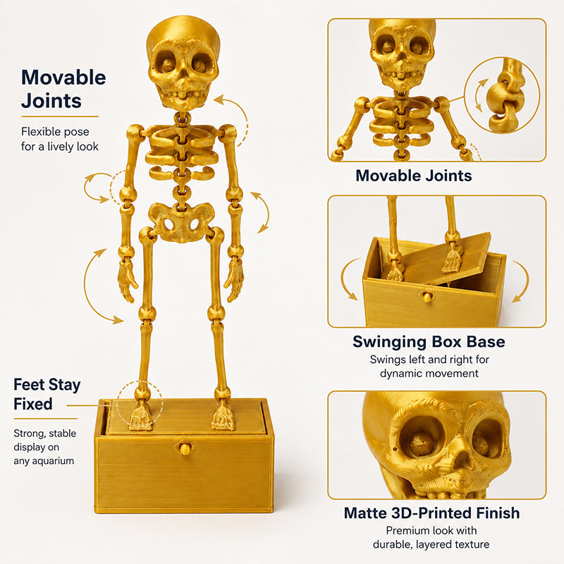 Movable Skeleton Aquarium Ornament, 3D Printed Articulated Skeleton Decor With Swing Treasure Box Base, Fish Tank Underwater Landscape Decoration