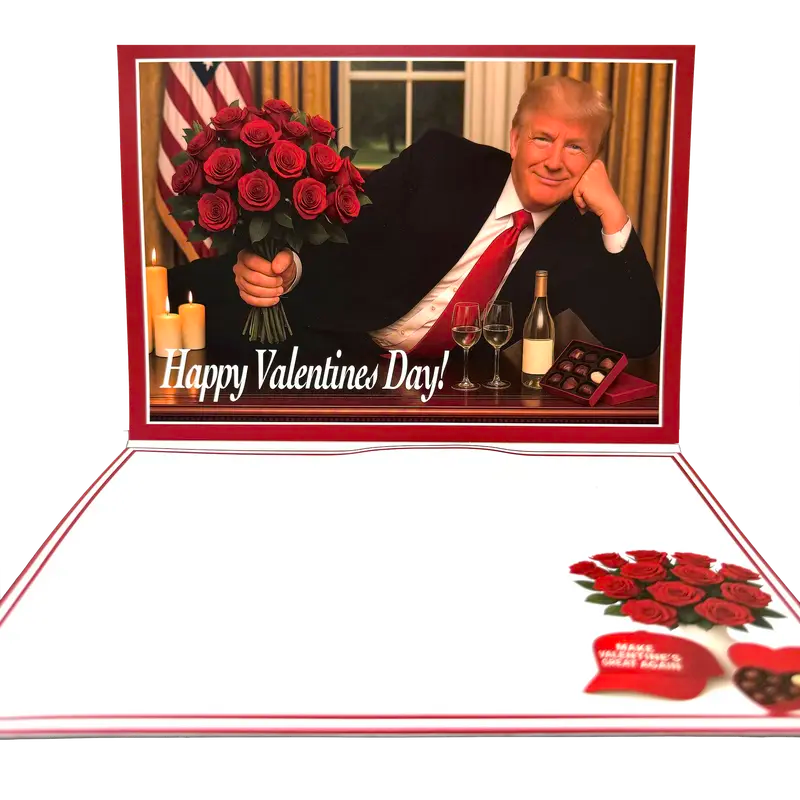 Trump Valentines Card - Funny Card for Republicans on Valentines Day with Red Roses and Wine Bottle Design