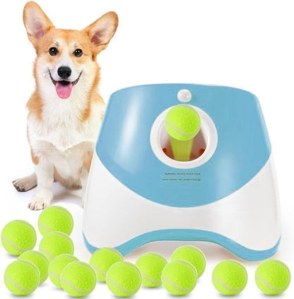 Automatic Dog Ball Launcher for Small Dogs – Interactive Fetch Machine with Adjustable 10–30 ft Launch Distance, Includes 15 Mini Tennis Balls (2”), Indoor & Outdoor Dog Toy (Blue)