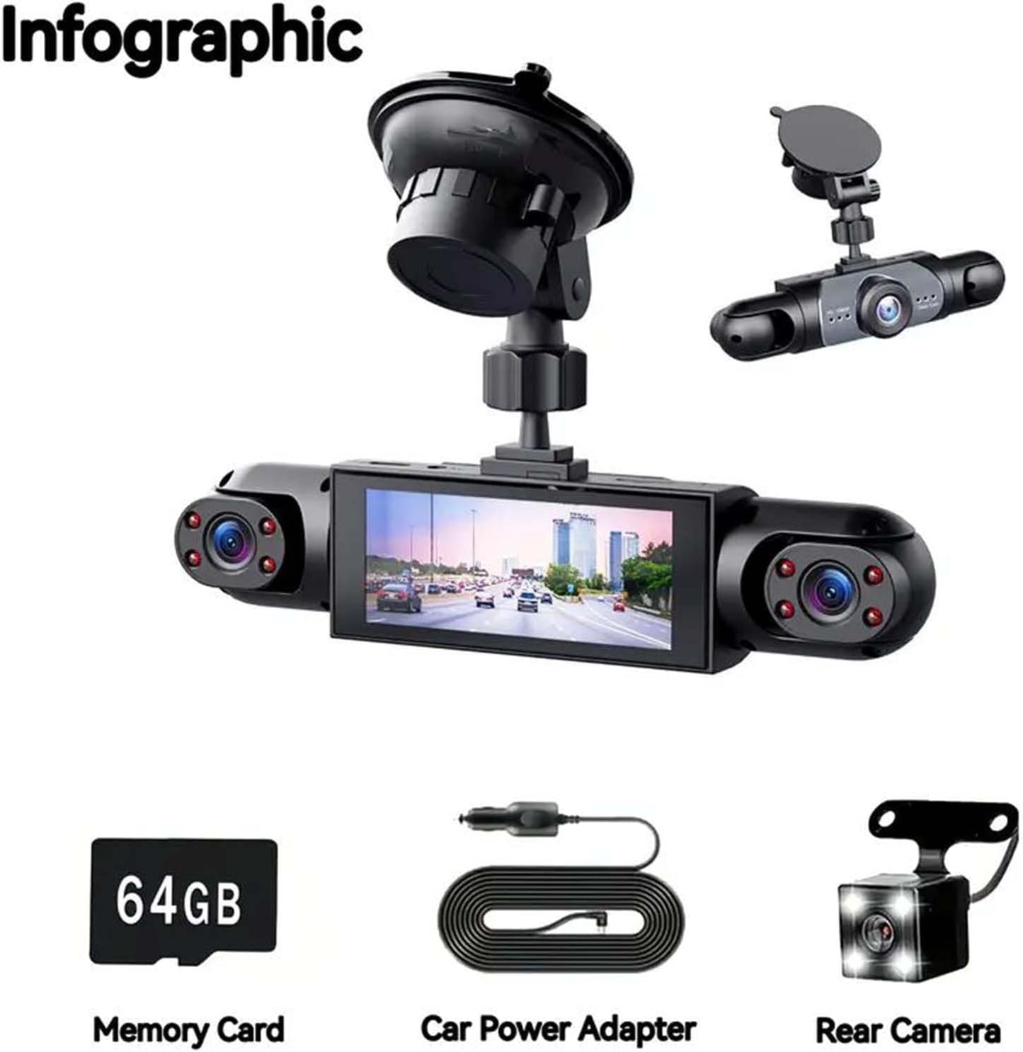 360° 4-Channel 1080P Dash Cam with IR Night Vision & 128GB Card