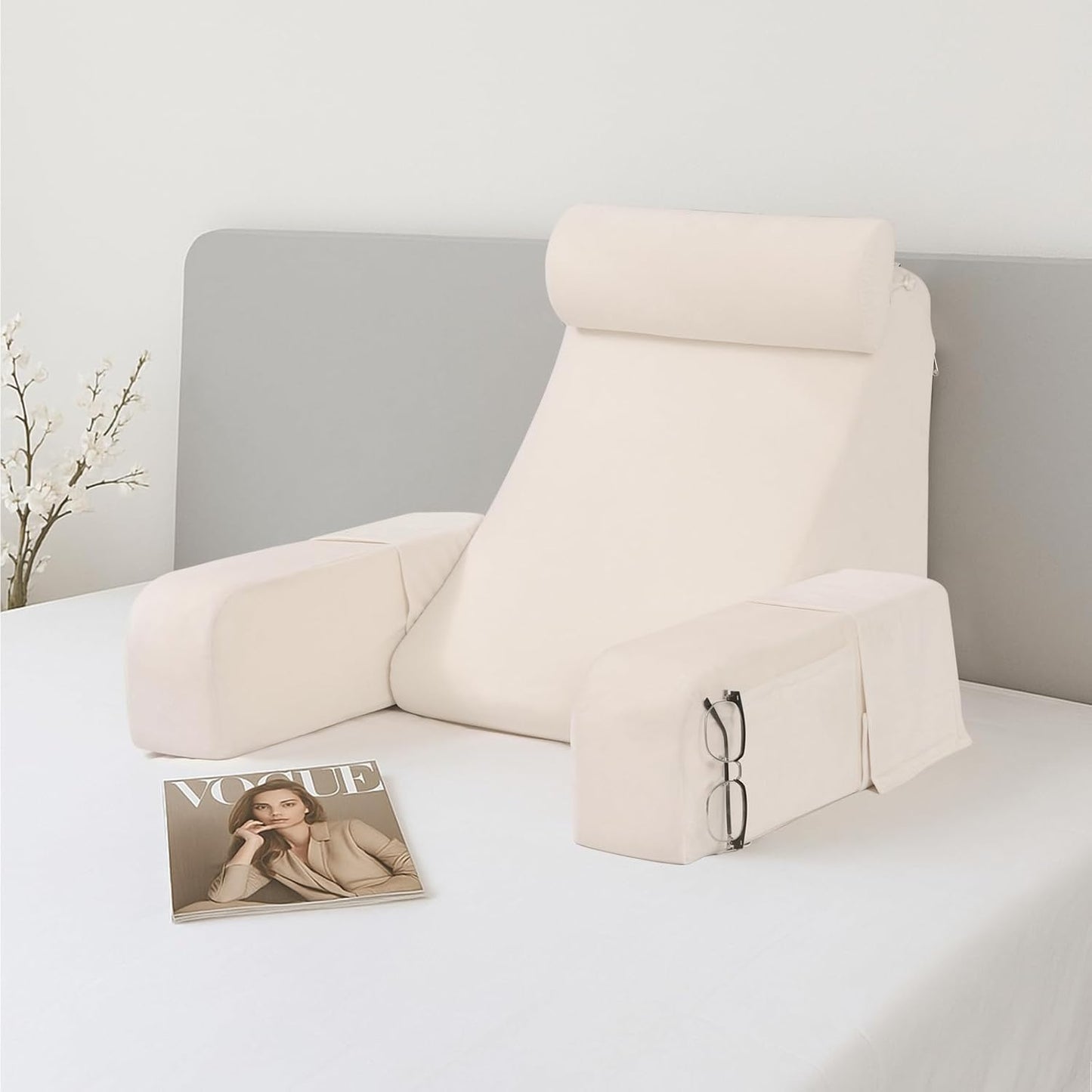 ENITYA 19" Back Pillow with Big Pockets – Removable Washable Cover, Bed & Floor Reading Chair for TV, Gaming, Reading, or Relaxing (Medium, Ivory)