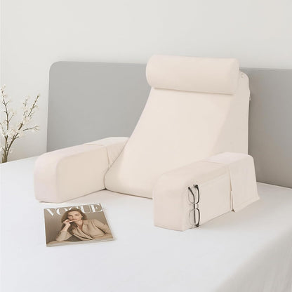 ENITYA 19" Back Pillow with Big Pockets – Removable Washable Cover, Bed & Floor Reading Chair for TV, Gaming, Reading, or Relaxing (Medium, Ivory)