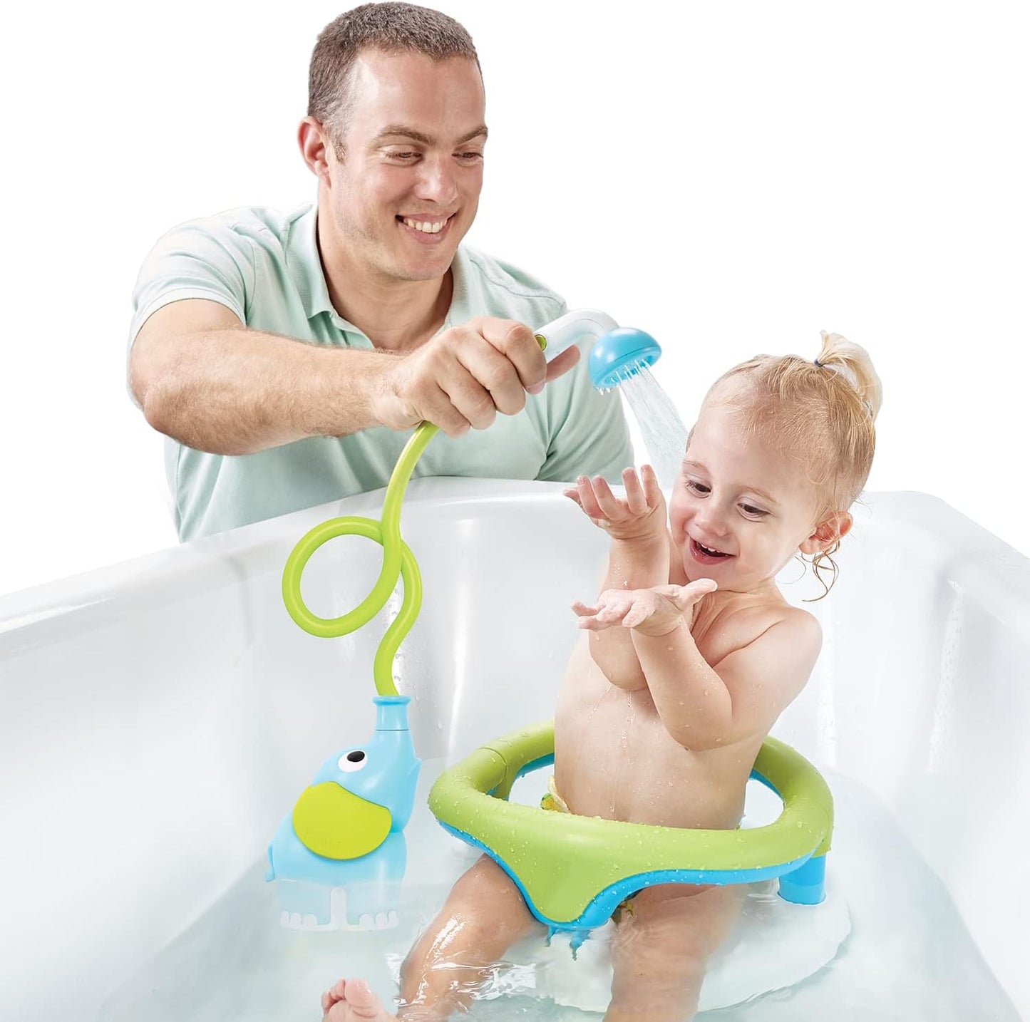 Yookidoo Elephant Baby Bath Shower Head – Fun Water Pump Rinser with Trunk Spout & Dual Flow Control, Safe Bath Toy for Infants & Newborns, Tub & Sink Use (Blue)