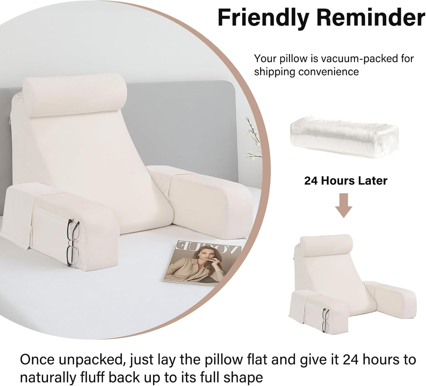 ENITYA 19" Back Pillow with Big Pockets – Removable Washable Cover, Bed & Floor Reading Chair for TV, Gaming, Reading, or Relaxing (Medium, Ivory)