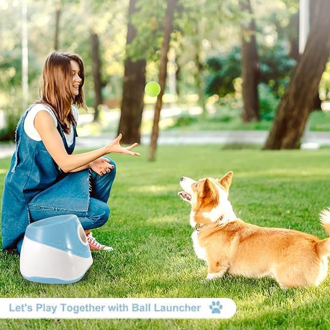 Automatic Dog Ball Launcher for Small Dogs – Interactive Fetch Machine with Adjustable 10–30 ft Launch Distance, Includes 15 Mini Tennis Balls (2”), Indoor & Outdoor Dog Toy (Blue)