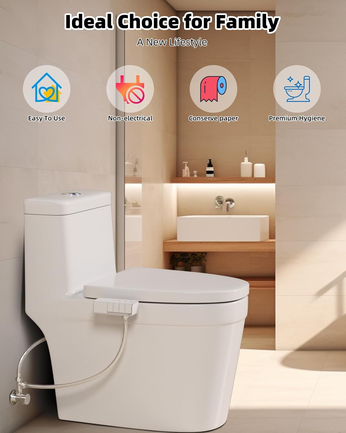 Hibbent Non-Electric Bidet Toilet Attachment – Dual Nozzle Fresh Water Bidet for Rear & Feminine Wash, Adjustable Water Pressure Control, Self-Cleaning Sprayer, Easy Install, White