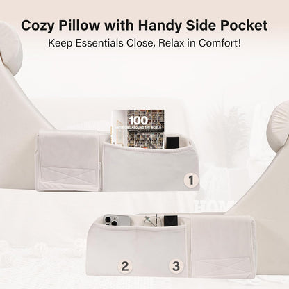 ENITYA 19" Back Pillow with Big Pockets – Removable Washable Cover, Bed & Floor Reading Chair for TV, Gaming, Reading, or Relaxing (Medium, Ivory)