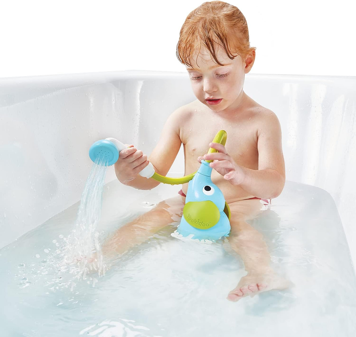 Yookidoo Elephant Baby Bath Shower Head – Fun Water Pump Rinser with Trunk Spout & Dual Flow Control, Safe Bath Toy for Infants & Newborns, Tub & Sink Use (Blue)