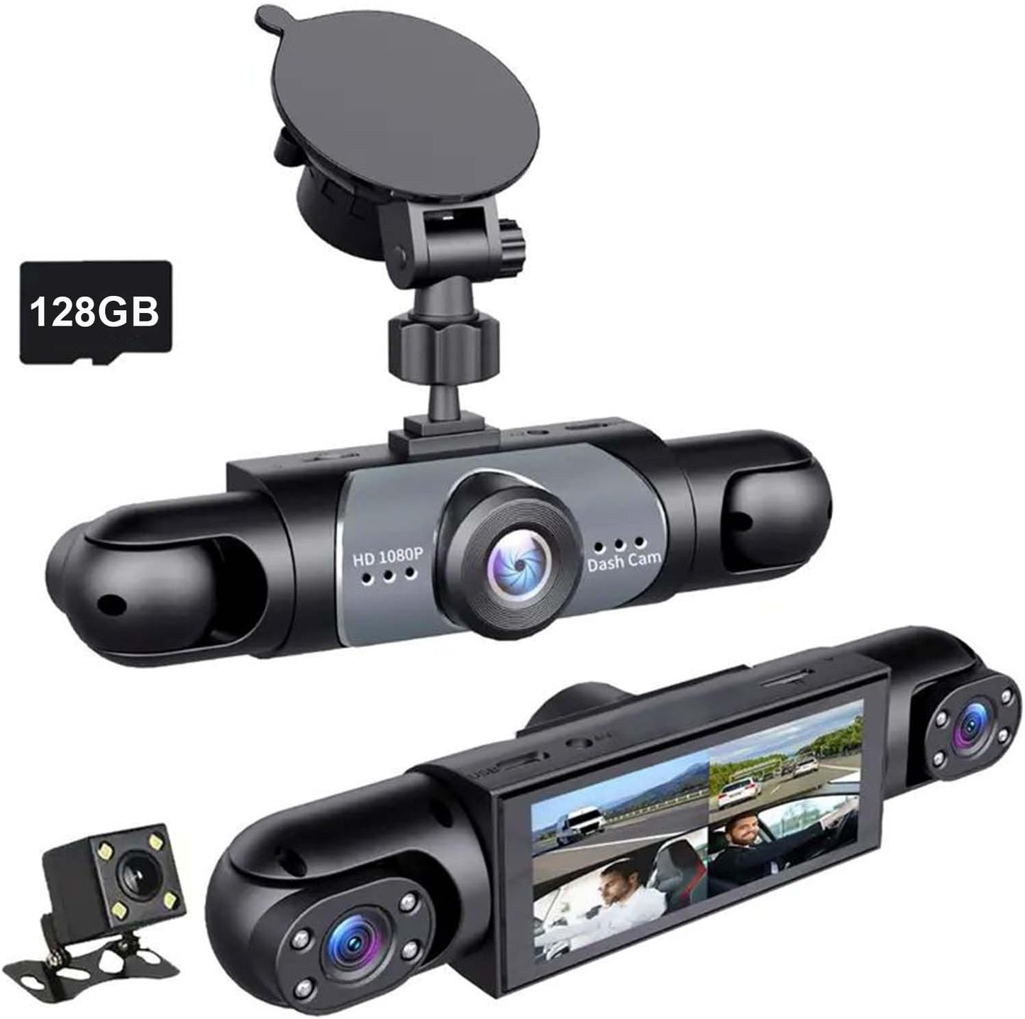 360° 4-Channel 1080P Dash Cam with IR Night Vision & 128GB Card