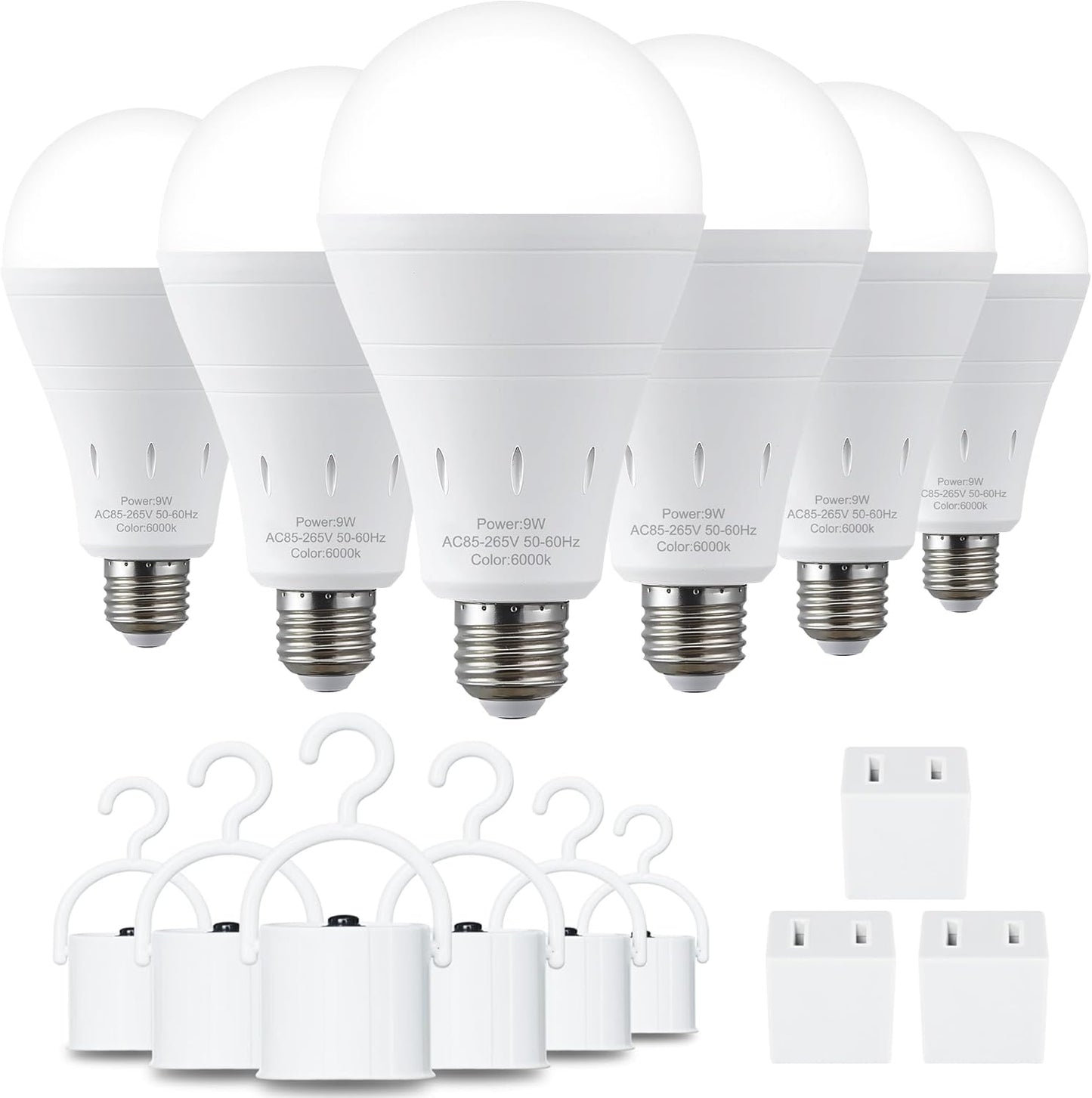 DEBAOBULB Rechargeable Emergency Light Bulbs (6-Pack), Battery Backup LED Bulbs 6000K Daylight, E26 Base 9W (60W Equivalent), 1200mAh, 120V for Power Outages, Camping & Hurricanes