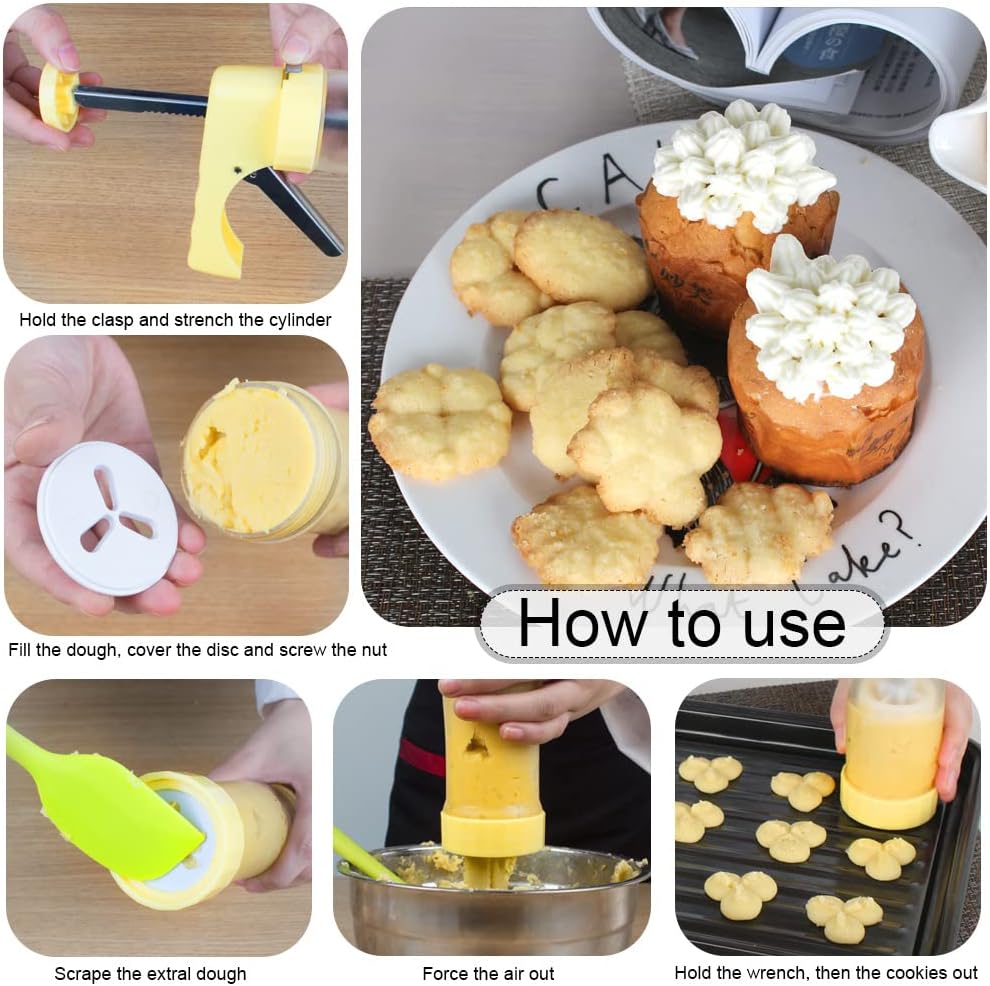 Ourokhome Cookie Press & Icing Gun – Biscuit Maker with 16 Discs and 6 Cake Decorating Tips, Yellow