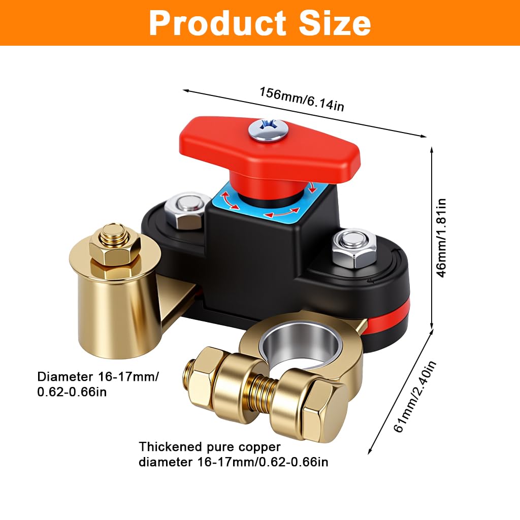 Car Battery Shut-Off Switch – Knob-Control Battery Disconnect with Pure Copper Terminals for 12V/24V Vehicles, RVs, Boats, Trucks, and Off-Road Applications