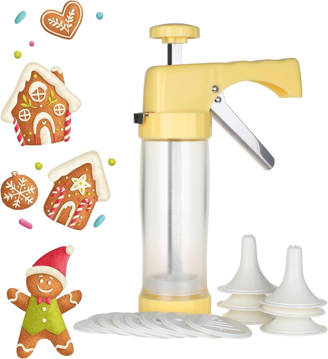 Ourokhome Cookie Press & Icing Gun – Biscuit Maker with 16 Discs and 6 Cake Decorating Tips, Yellow