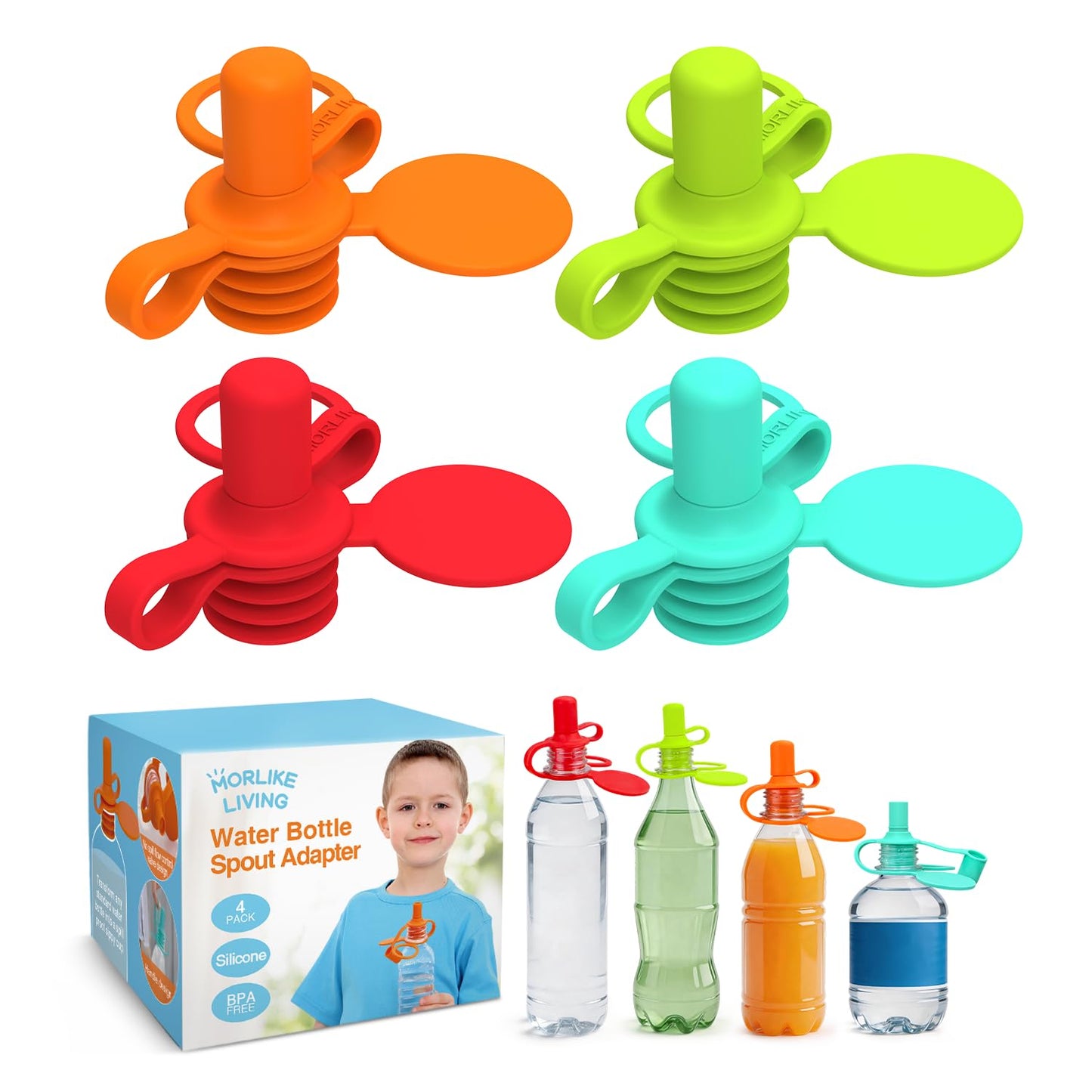 Morlike Living Water Bottle Spout Adapter – Silicone No-Spill Toddler Drink Covers (4-Pack)