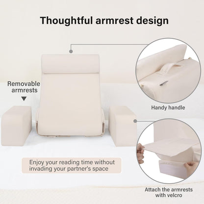 ENITYA 19" Back Pillow with Big Pockets – Removable Washable Cover, Bed & Floor Reading Chair for TV, Gaming, Reading, or Relaxing (Medium, Ivory)