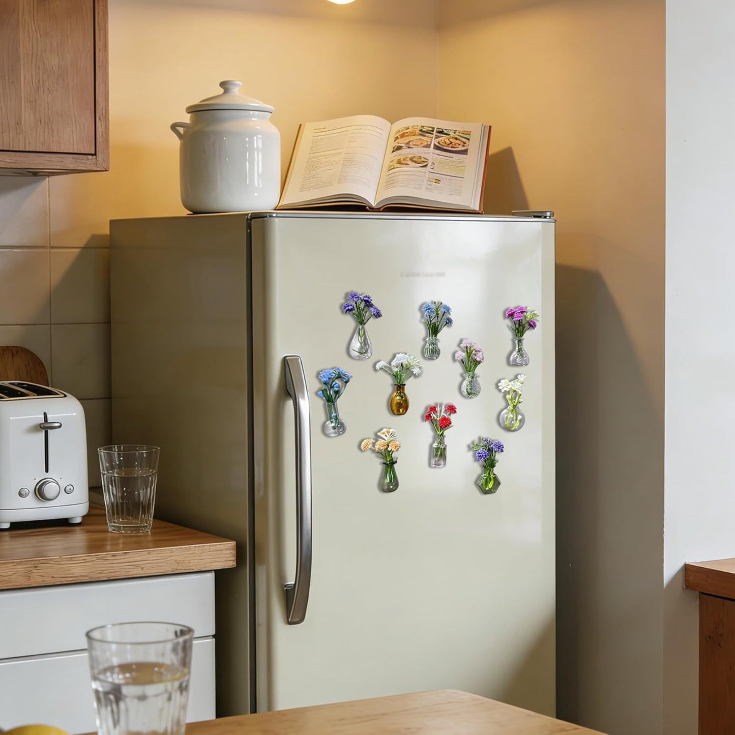10-Pack Mini Vase Magnets for Fridge with 10 Flowers