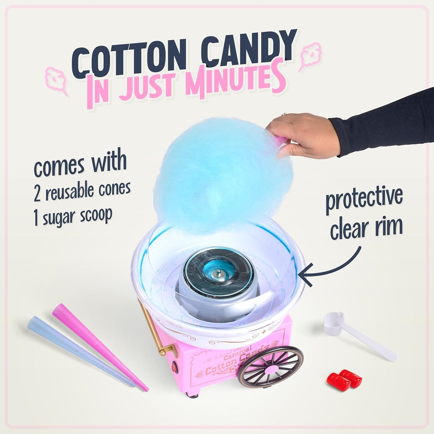 SweetSpin Cotton Candy Maker – Countertop Cotton Candy Machine with Reusable Cones & Sugar Scoop