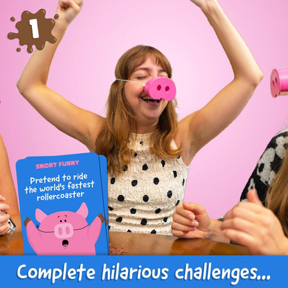 Snort Funny – The Oinkcredible You Laugh You Lose Party Game for Kids & Adults, 150 Challenge Cards, 5 Pig Snouts & 60 Mud Tokens, Family Fun, 4-8 Players, Ages 8+