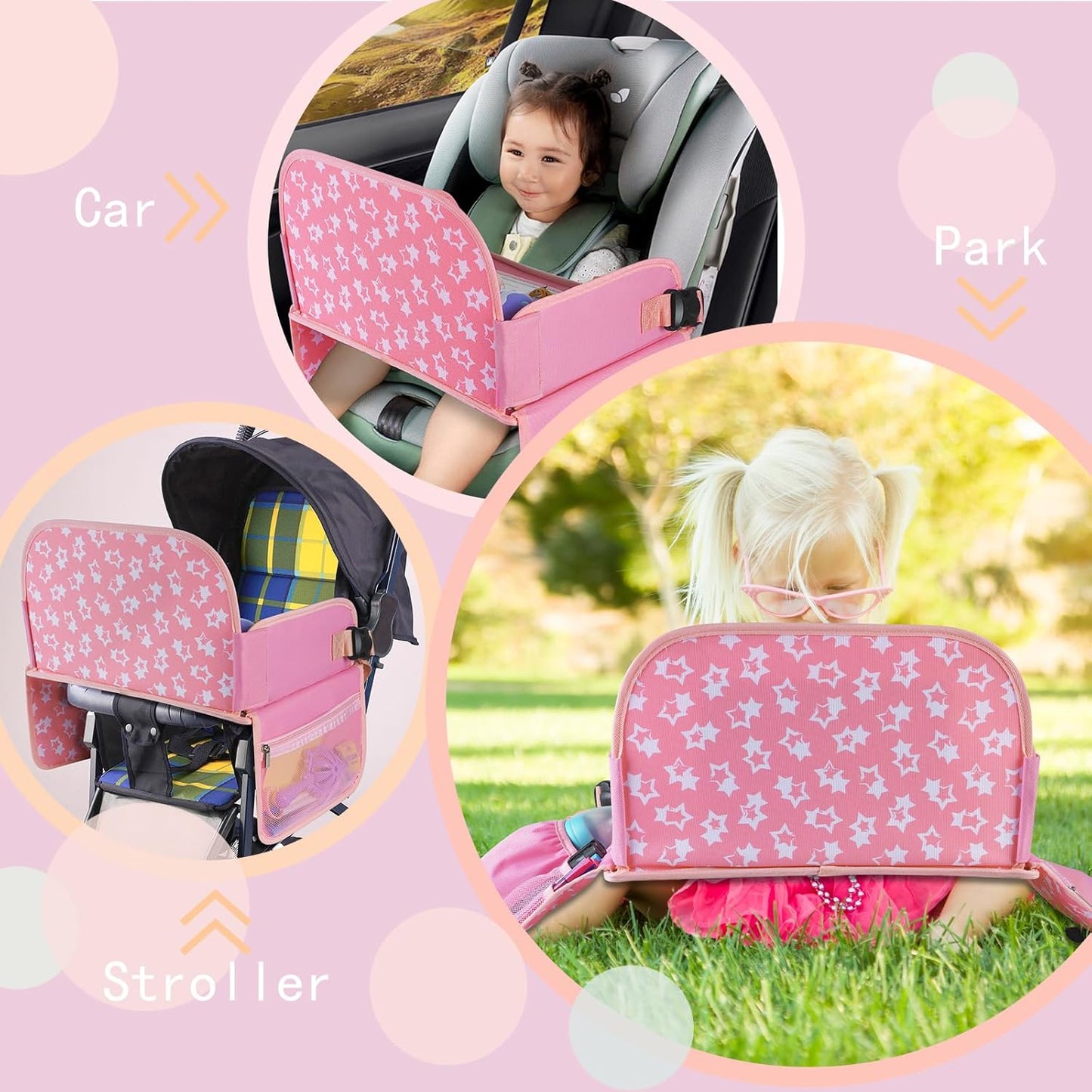 Kids Travel Tray for Car Seat – Road Trip Activity Tray (Pink)