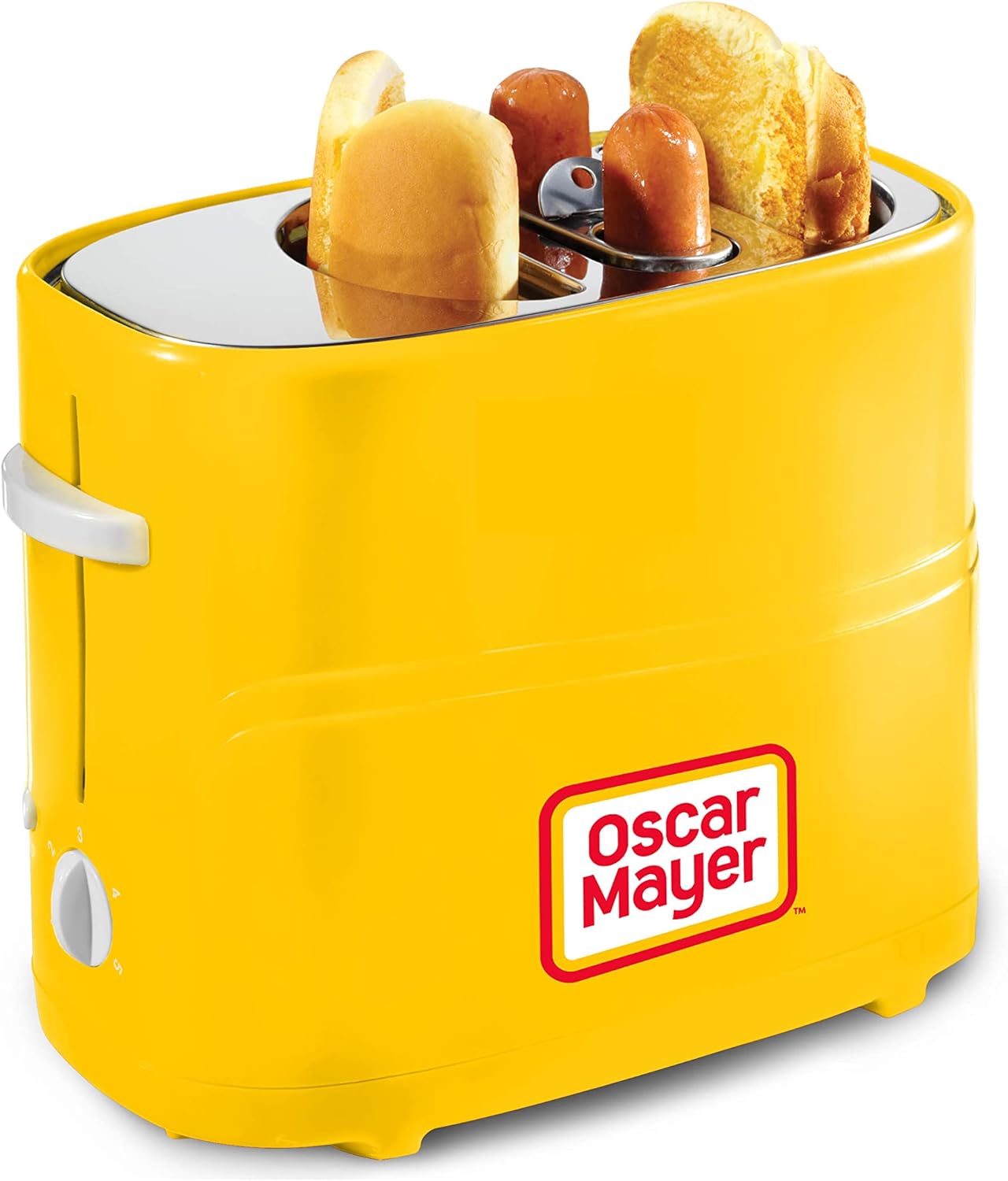 Oscar Mayer 2-Slot Hot Dog & Bun Toaster with Mini Tongs – Works with Hot Dogs, Chicken, Turkey, Veggie Links, Sausages & Brats (Yellow)