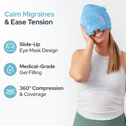 Migraine Relief Cap with Built-In Slide-Up Eye Mask – 360° Compression Hat with Cooling Gel for Headache, Tension, and Stress Relief