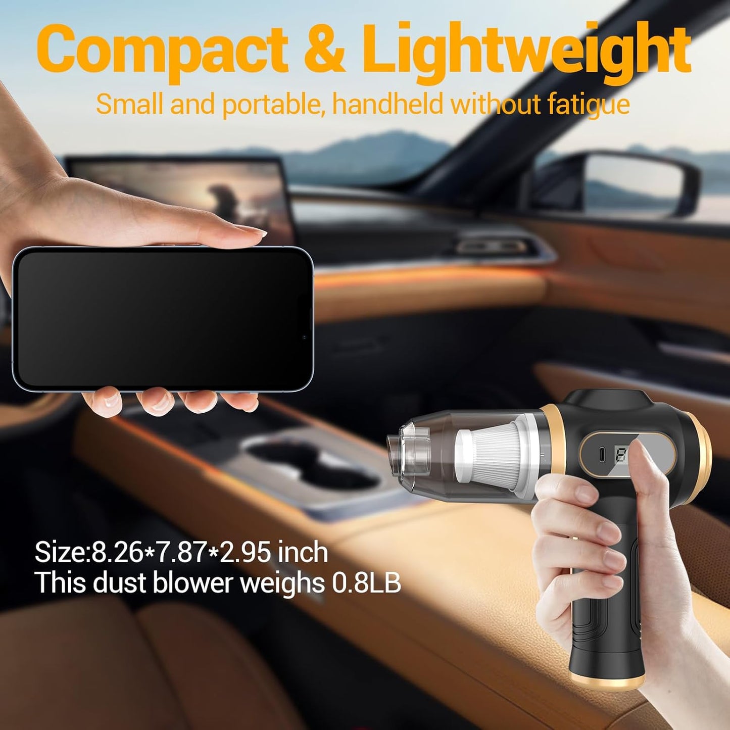 Scstartx Portable Cordless Car Vacuum Cleaner – Rechargeable Mini Handheld Vacuum with LCD Display & Multi-Nozzles, High-Power Cleaning for Car, Home, Office, Sofa, Pet Hair & Keyboard
