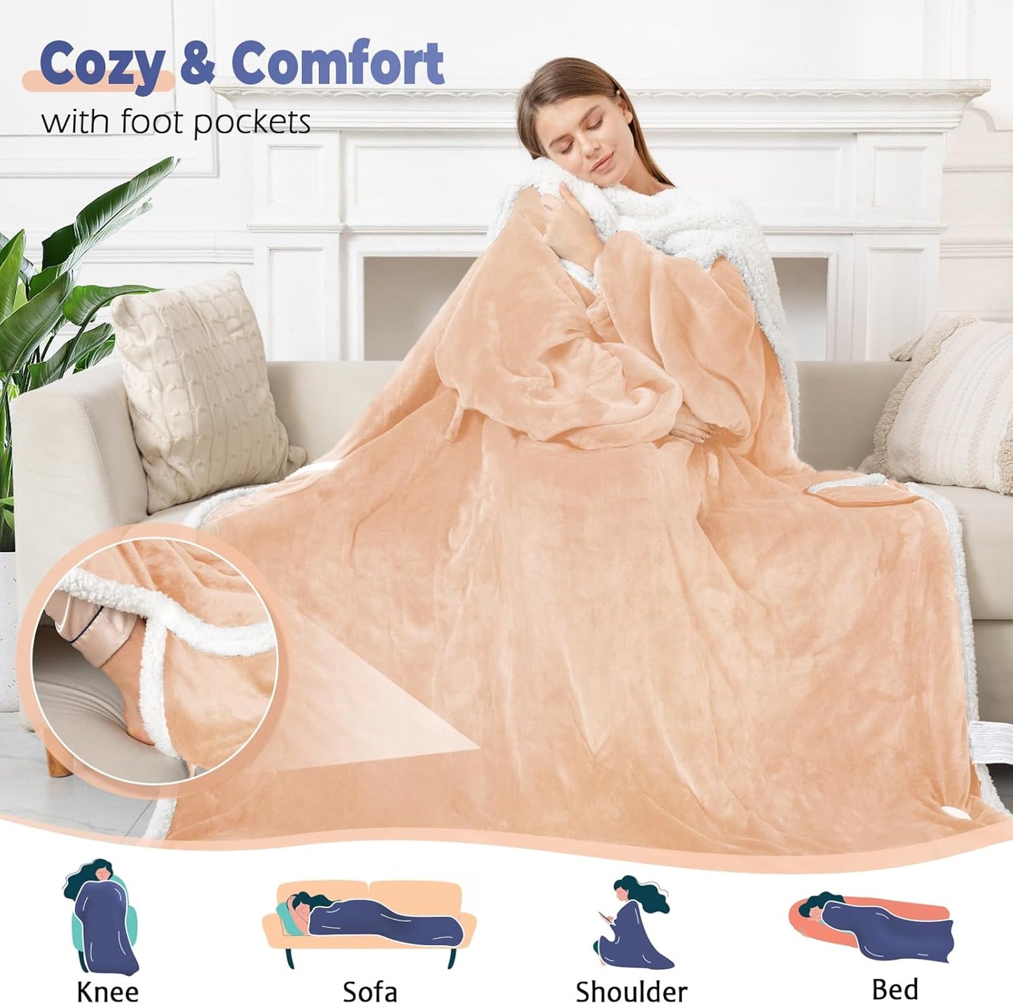 Wearable Heated Blanket with Foot Pocket – Electric Throw Blanket with Sleeves for Warmth & Comfort
