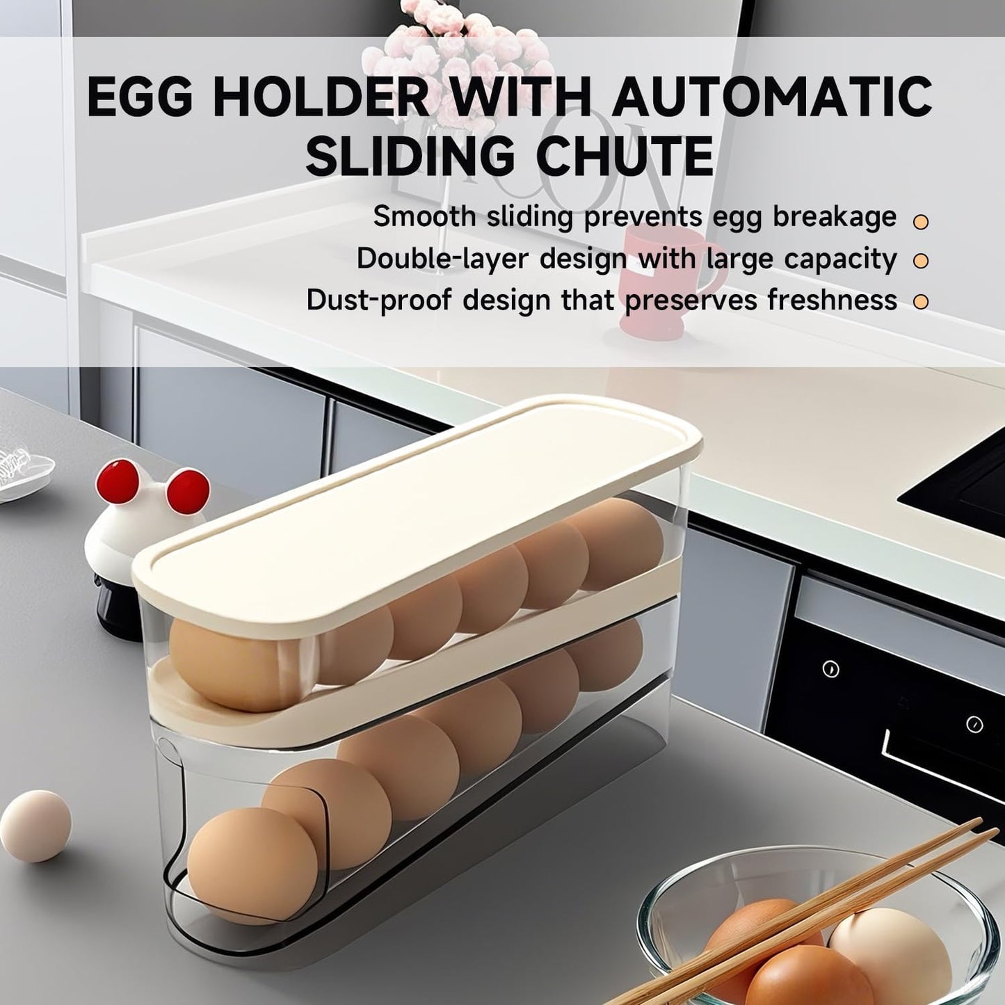 Rolling Egg Holder for Fridge – Automatic Egg Dispenser & Storage Tray for Kitchen & Countertop