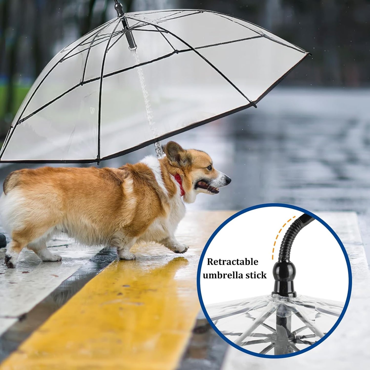 Pet Dog Transparent Umbrella, Clear Folding Adjustable Leash, Keeps Pet Dry in Rain (Bending Hook)
