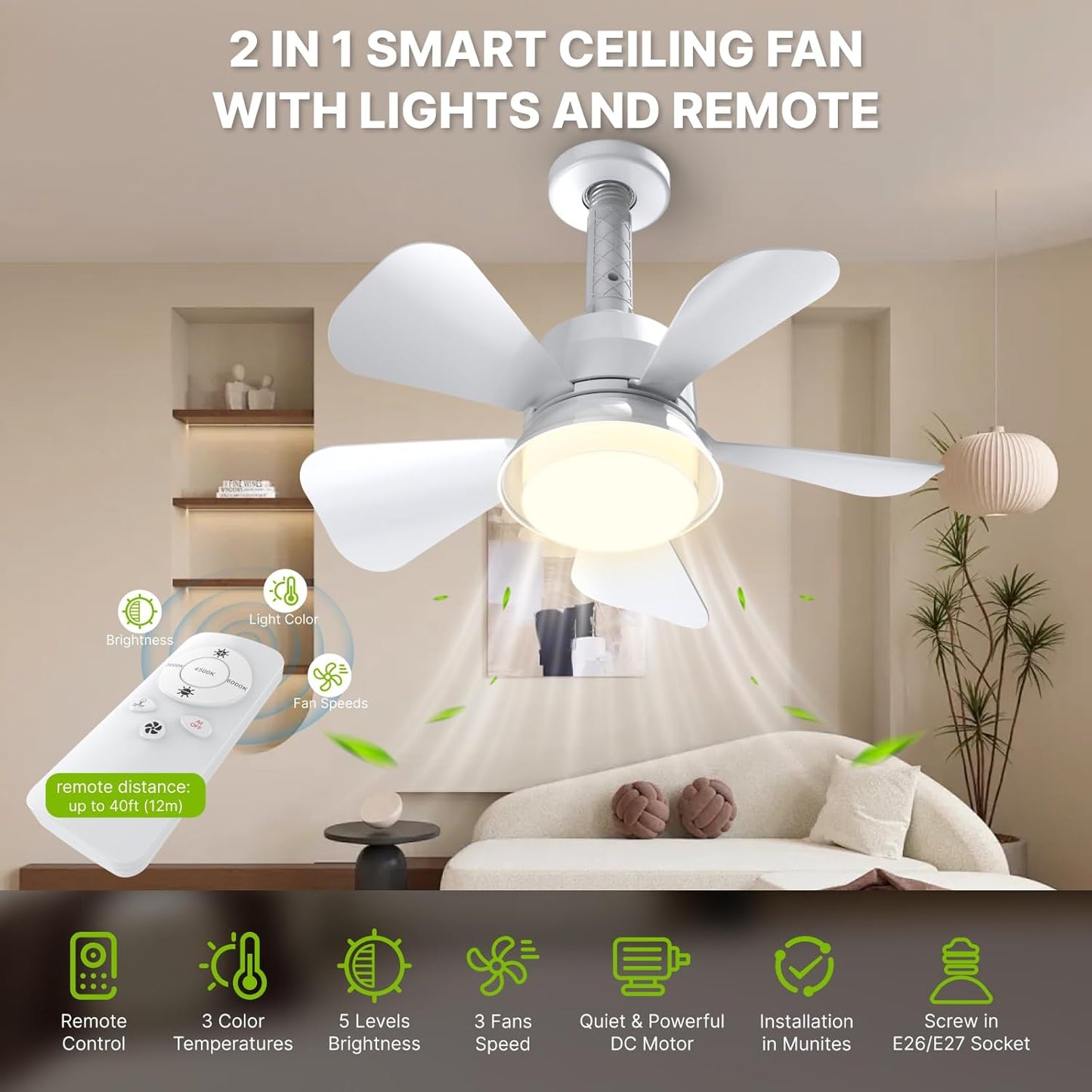 Socket Fan Light – 2-in-1 Ceiling Fan with Integrated Light and Remote Control