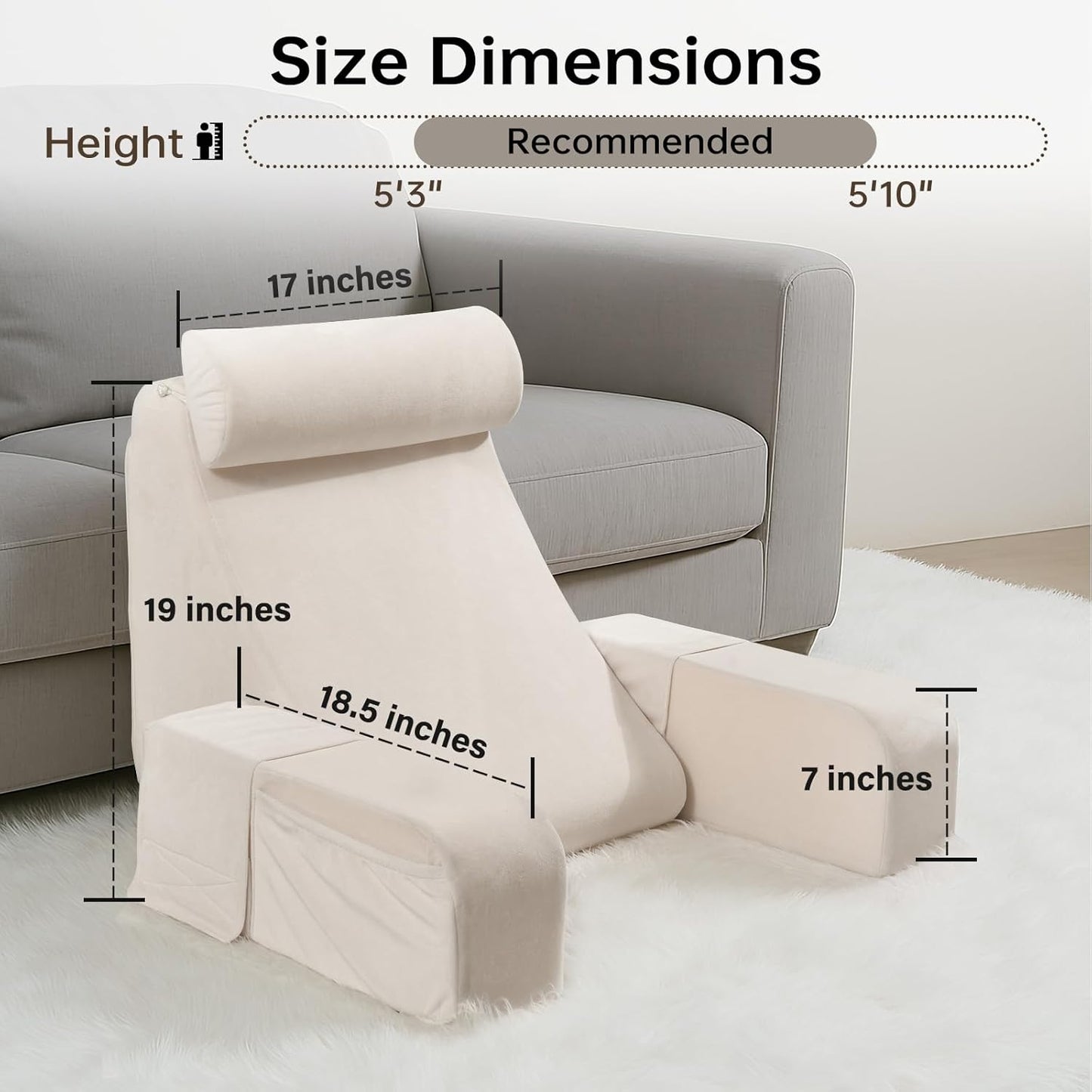 ENITYA 19" Back Pillow with Big Pockets – Removable Washable Cover, Bed & Floor Reading Chair for TV, Gaming, Reading, or Relaxing (Medium, Ivory)