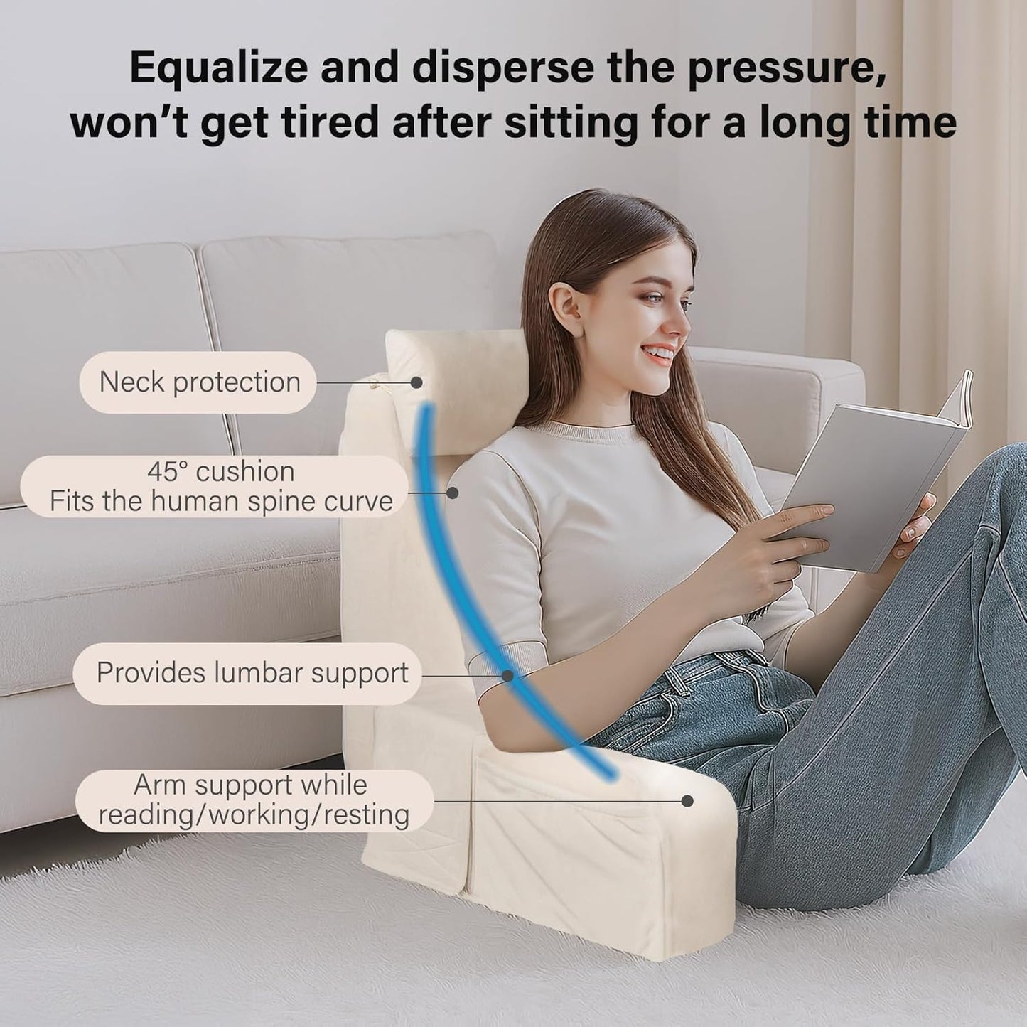 ENITYA 19" Back Pillow with Big Pockets – Removable Washable Cover, Bed & Floor Reading Chair for TV, Gaming, Reading, or Relaxing (Medium, Ivory)