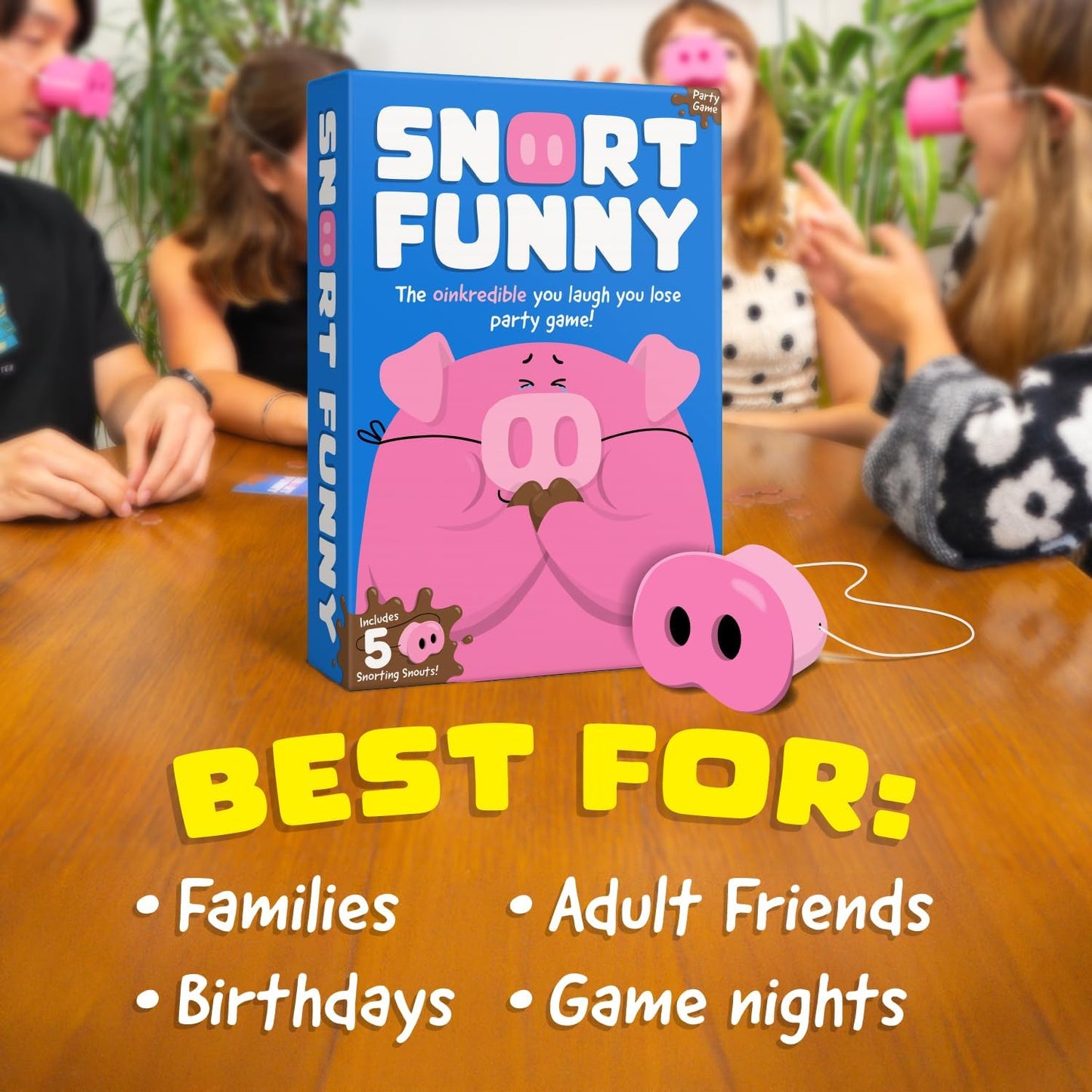 Snort Funny – The Oinkcredible You Laugh You Lose Party Game for Kids & Adults, 150 Challenge Cards, 5 Pig Snouts & 60 Mud Tokens, Family Fun, 4-8 Players, Ages 8+