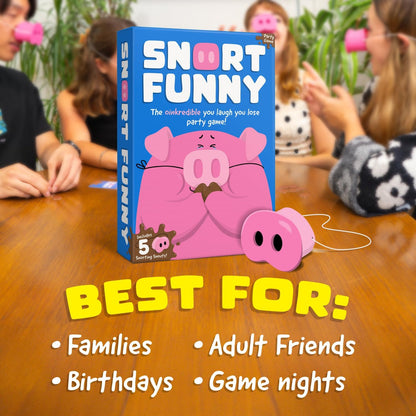 Snort Funny – The Oinkcredible You Laugh You Lose Party Game for Kids & Adults, 150 Challenge Cards, 5 Pig Snouts & 60 Mud Tokens, Family Fun, 4-8 Players, Ages 8+