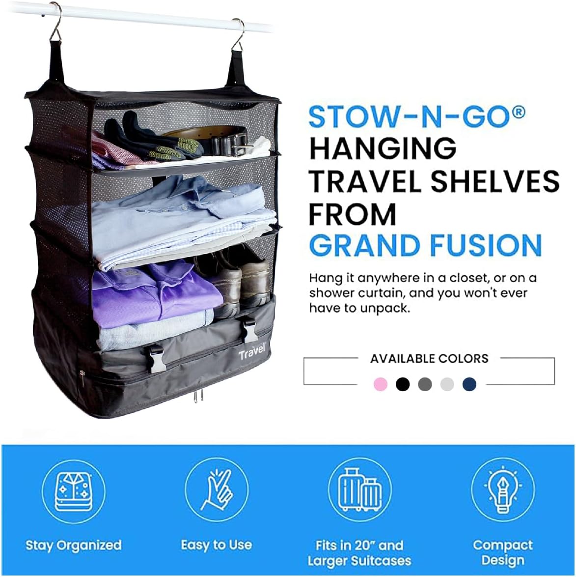 Grand Fusion Stow-N-Go Packing Organizer – Hanging Travel Shelves for Luggage Black - XL