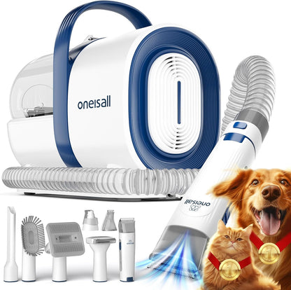 oneisall Dog Grooming Vacuum Kit – Pet Grooming Vacuum with Clipper & Nail Grinder, 1.5L Dust Cup, Deshedding Brush, 7-in-1 Shedding & Home Cleaning Tools (Blue)