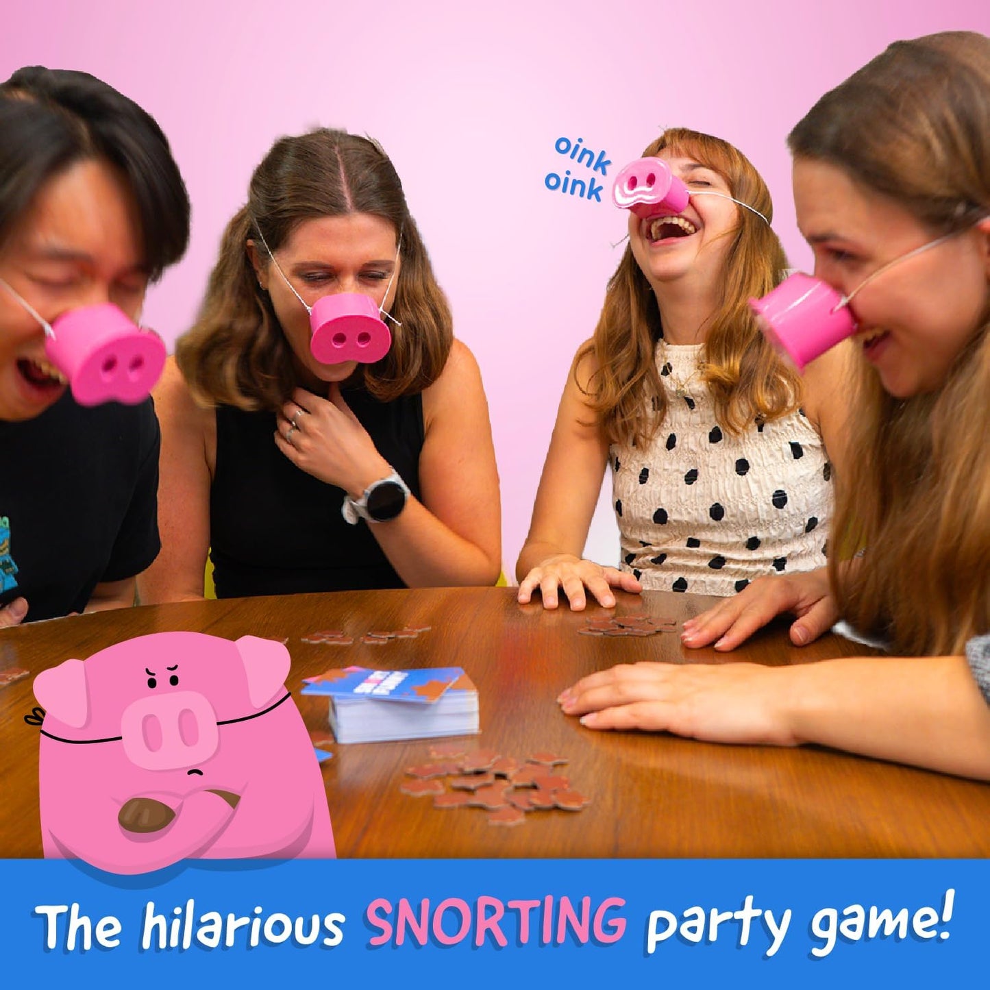 Snort Funny – The Oinkcredible You Laugh You Lose Party Game for Kids & Adults, 150 Challenge Cards, 5 Pig Snouts & 60 Mud Tokens, Family Fun, 4-8 Players, Ages 8+