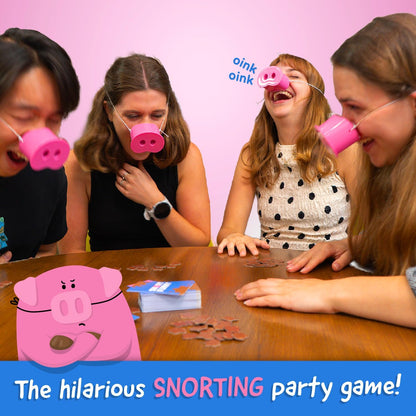 Snort Funny – The Oinkcredible You Laugh You Lose Party Game for Kids & Adults, 150 Challenge Cards, 5 Pig Snouts & 60 Mud Tokens, Family Fun, 4-8 Players, Ages 8+