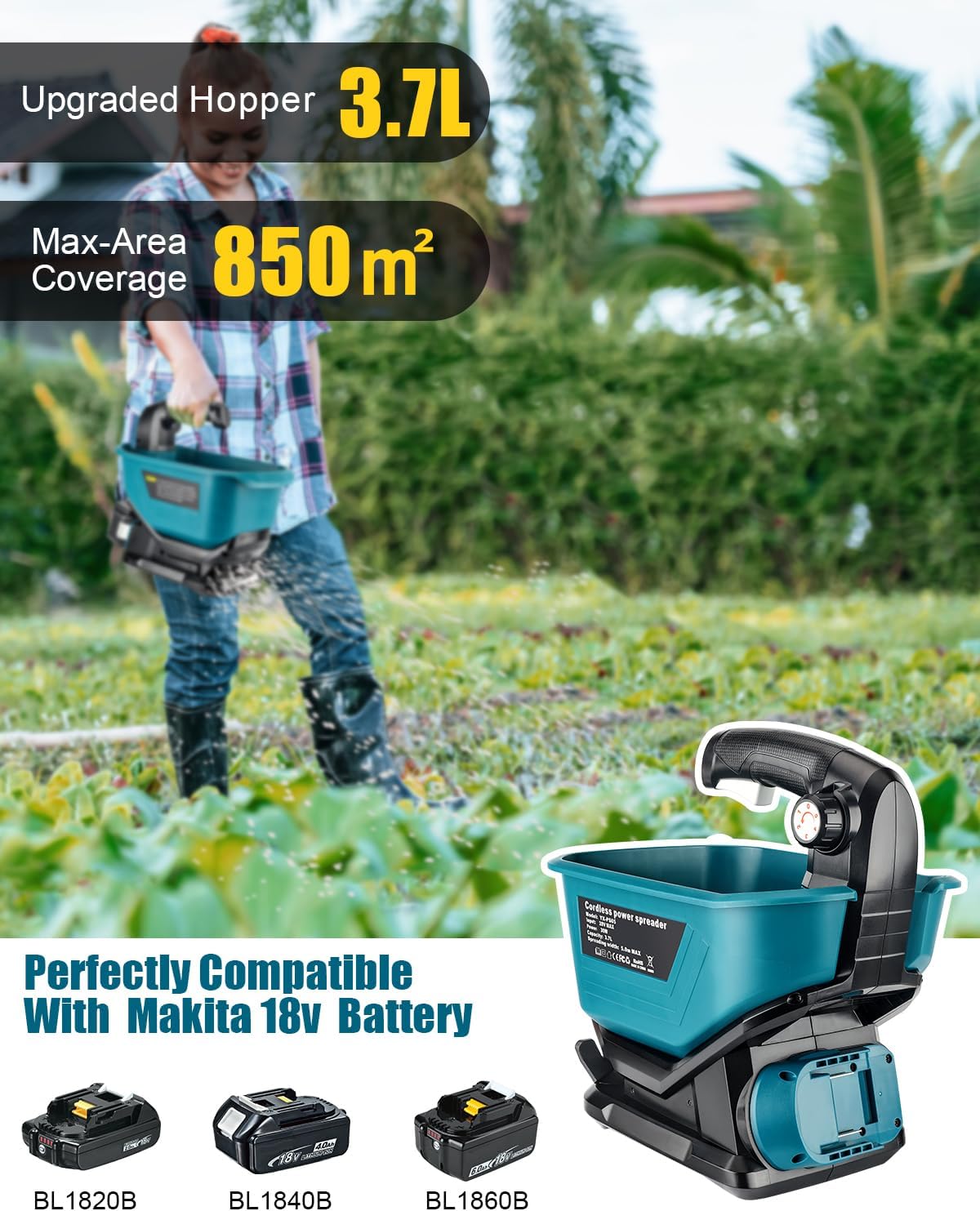 Cordless Salt Spreader for Makita 18V Battery – Handheld Lawn & Garden Fertilizer Spreader for Grass Seed, Fertilizer, Rock Salt & Ice Melt (Battery Not Included)