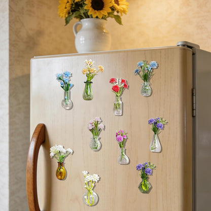 10-Pack Mini Vase Magnets for Fridge with 10 Flowers