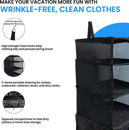 Grand Fusion Stow-N-Go Packing Organizer – Hanging Travel Shelves for Luggage Black - XL
