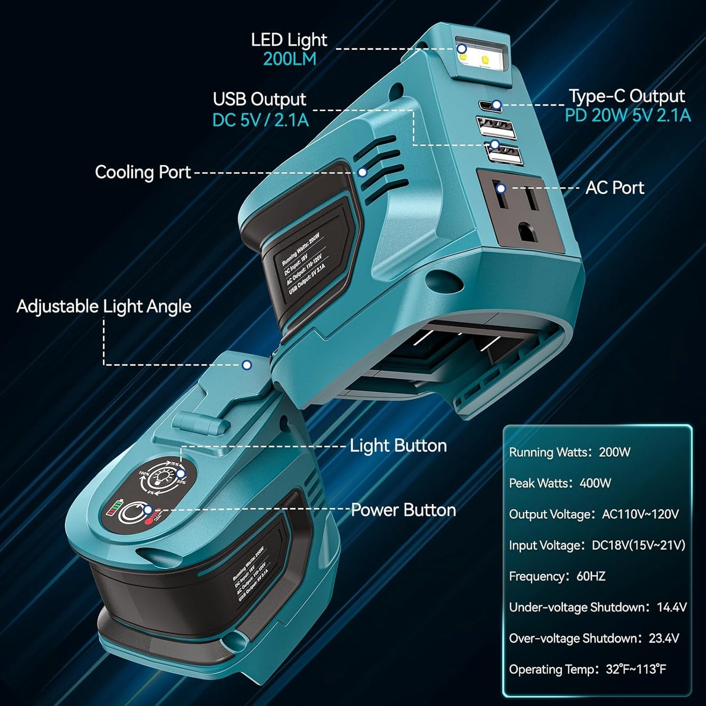 220W Portable Power Inverter for DeWALT 20V Battery