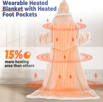 Wearable Heated Blanket with Foot Pocket – Electric Throw Blanket with Sleeves for Warmth & Comfort