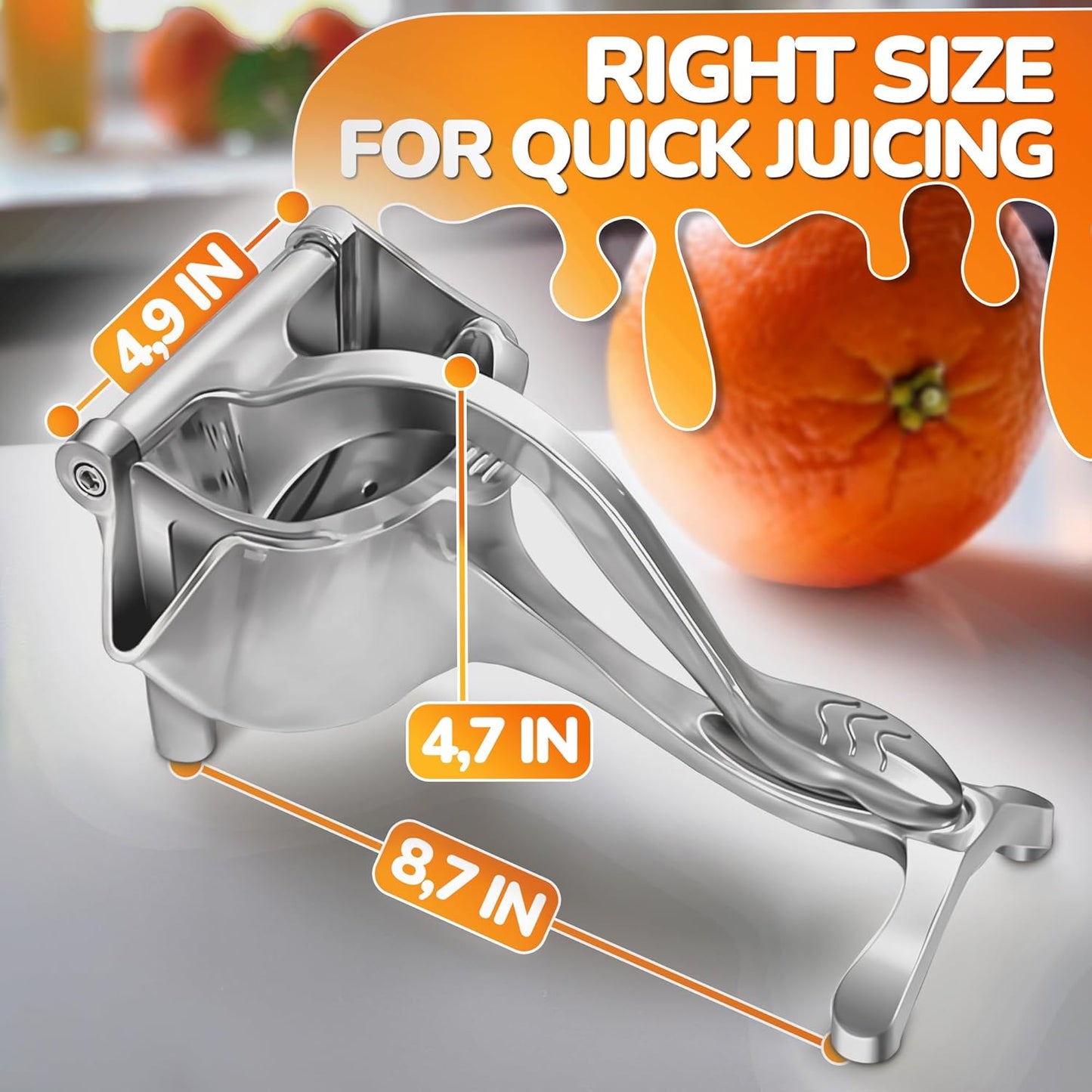 Manual Lemon Squeezer, Handheld Aluminum Alloy Citrus Press with Ergonomic Non-Slip Grip, Easy-Clean Fruit Juice Extractor, 8.7” Length, 0.6L Capacity